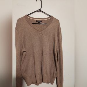 Old Money Preppy Sweater Sz Large Tan Cotton Cashmere V Neck Office Classic